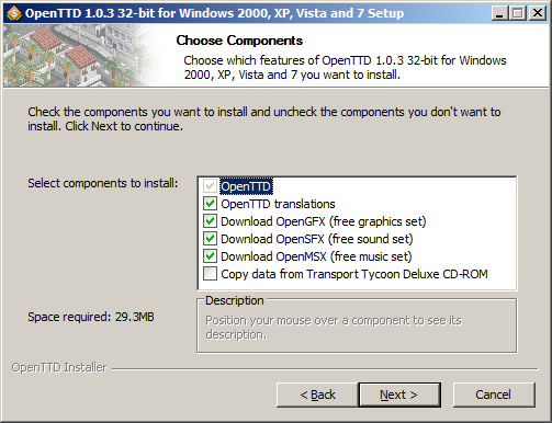 OpenTTD Setup - Choose Components screen